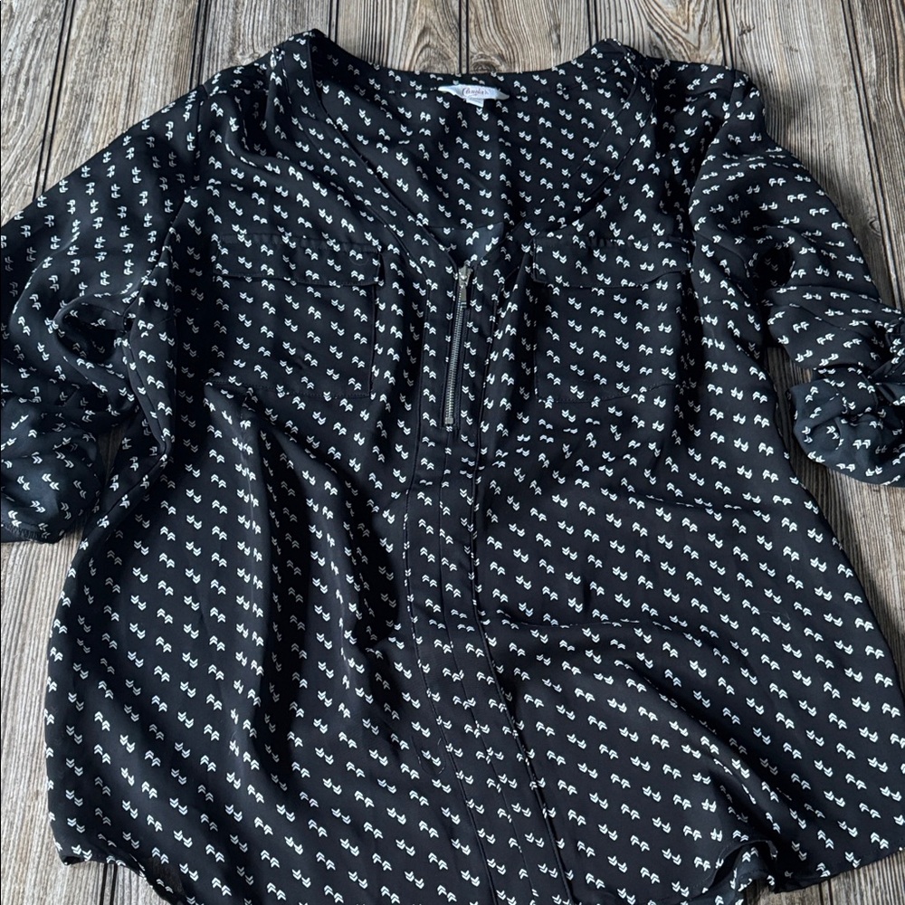 Candie's Black and White Blouse roll tab sleeve pockets xl